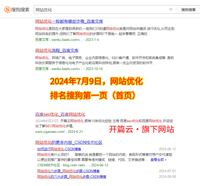 開(kāi)篇云旗下網(wǎng)站，搜索關(guān)鍵詞“網(wǎng)站優(yōu)化”排名搜狗搜索引擎第一頁(yè)。